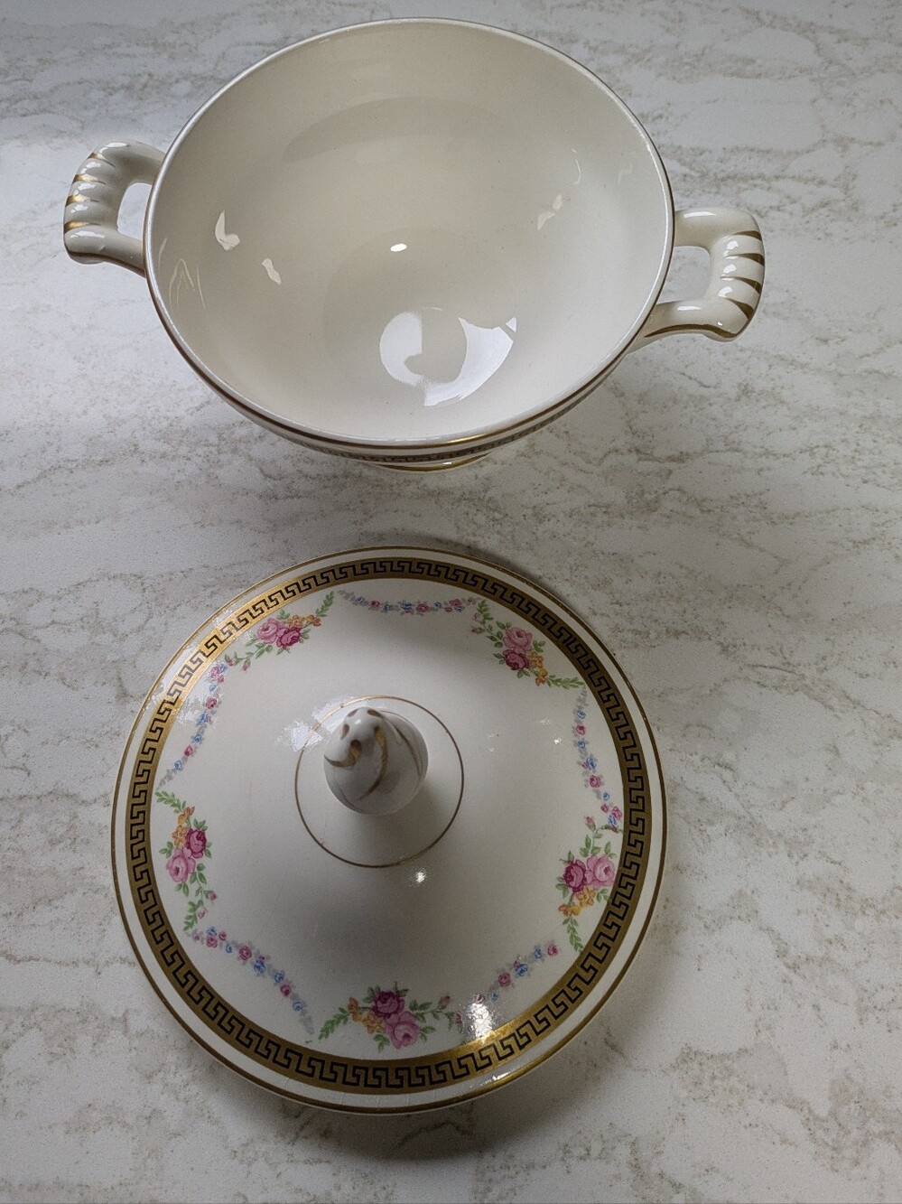 Edwin M. Knowles Floral Porcelain Covered Sugar Bowl with Gold Trim - Picture 3 of 13